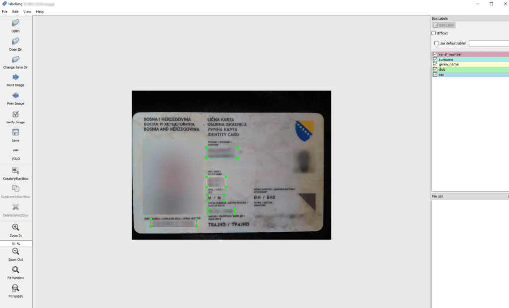 LabelImg annotation tool showing bounding boxes drawn around ID card fields