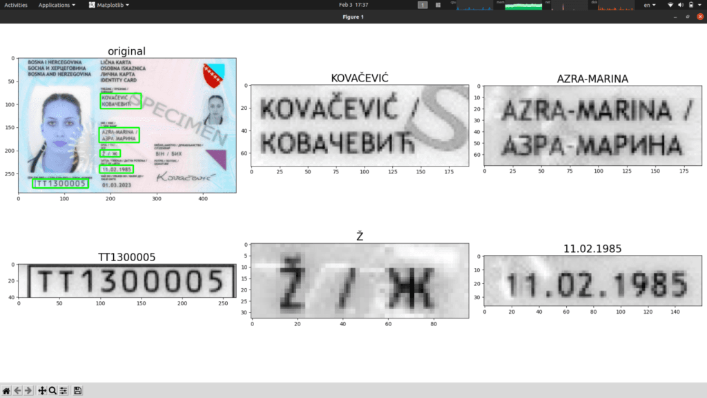 Cropped OCR field extractions from a specimen ID card, showing name, ID number, and date of birth fields