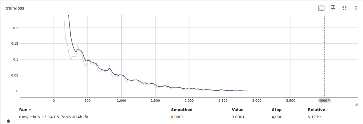Training loss curve dropping sharply then flattening near zero over 4,000 steps