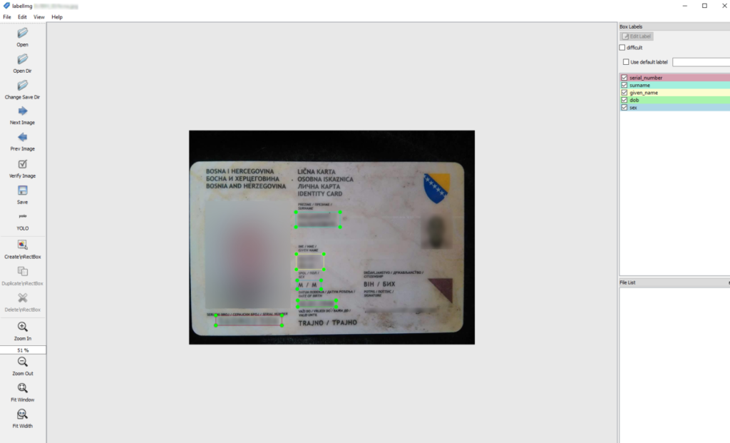 LabelImg annotation workflow for ROI fields on a BiH ID card sample
